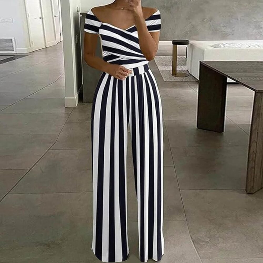 Black & White Stripe Dressy Off Shoulder V Neck High Waist Jumpsuit